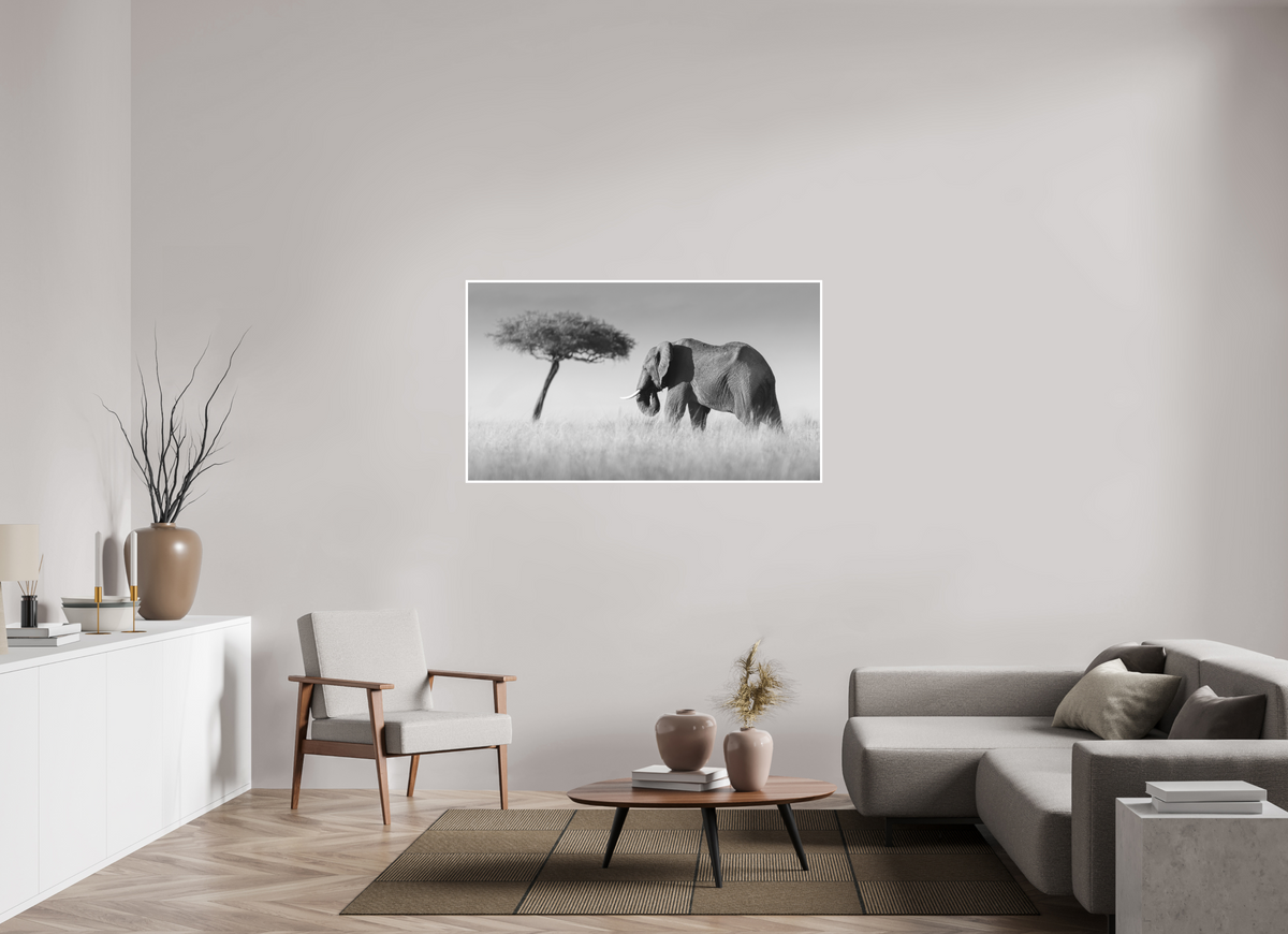 144 x 81 cm, Unframed Fine Art Giclée print on Hahnemühle Photo Rag paper with 1cm border Elephant and Tree