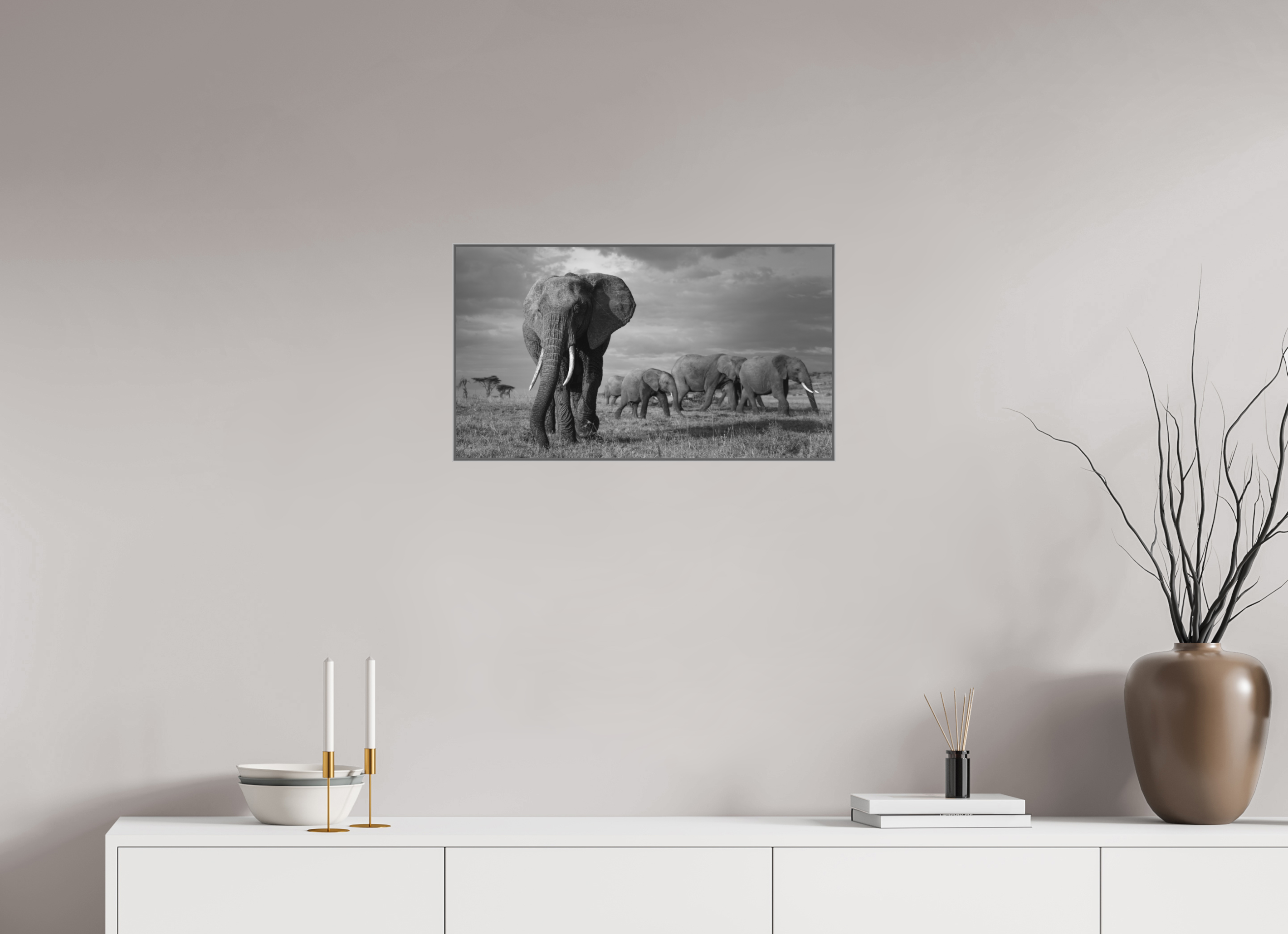 64 x 36 cm, Framed in Aluminium Art Box Printed on Ilford BW Photo Print under Acrylic Glass - w-out border Elephant and family