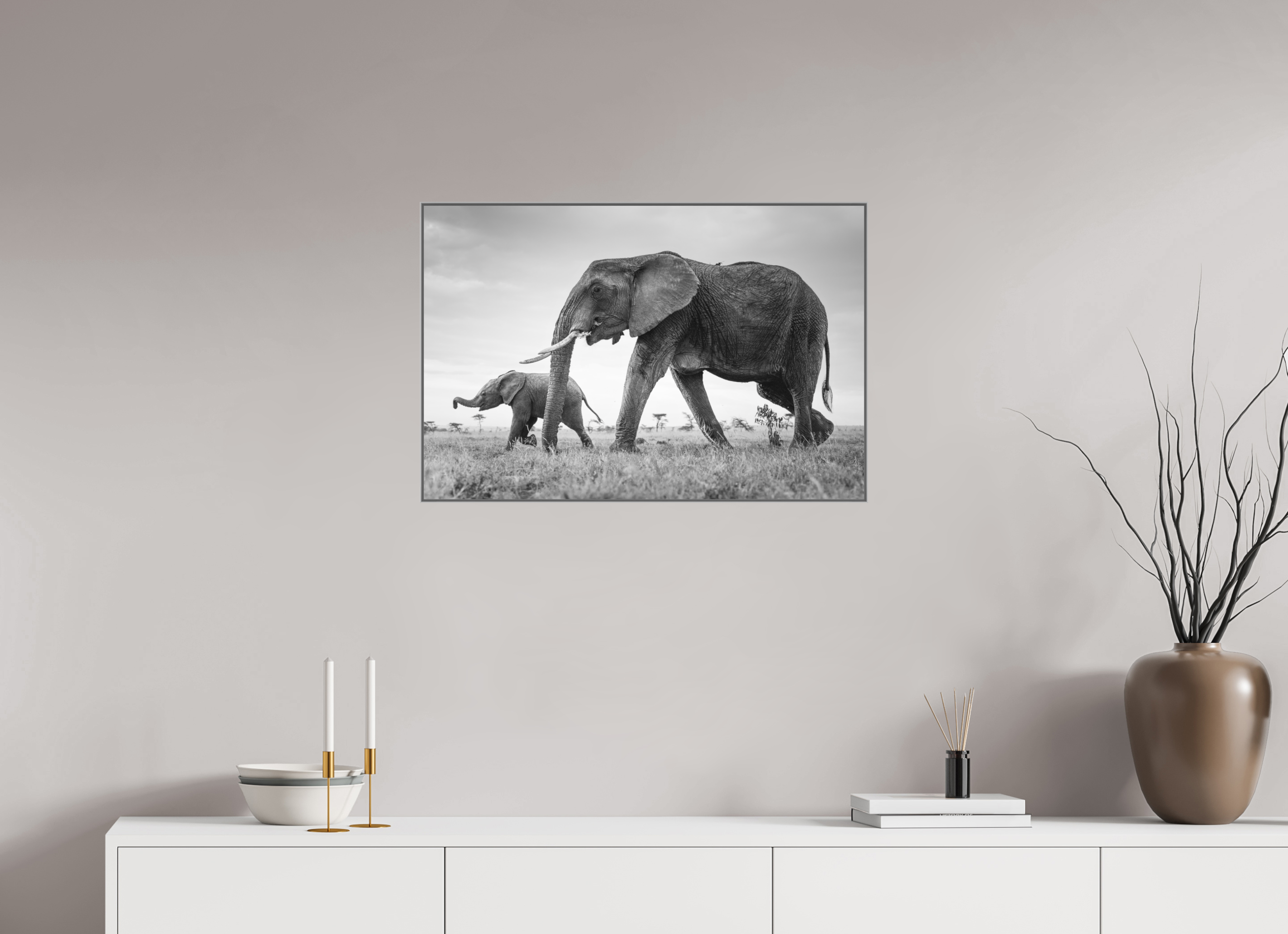 75 x 50 cm, Framed in Aluminium Art Box Printed on Ilford BW Photo Print under Acrylic Glass - w-out border By a trunk