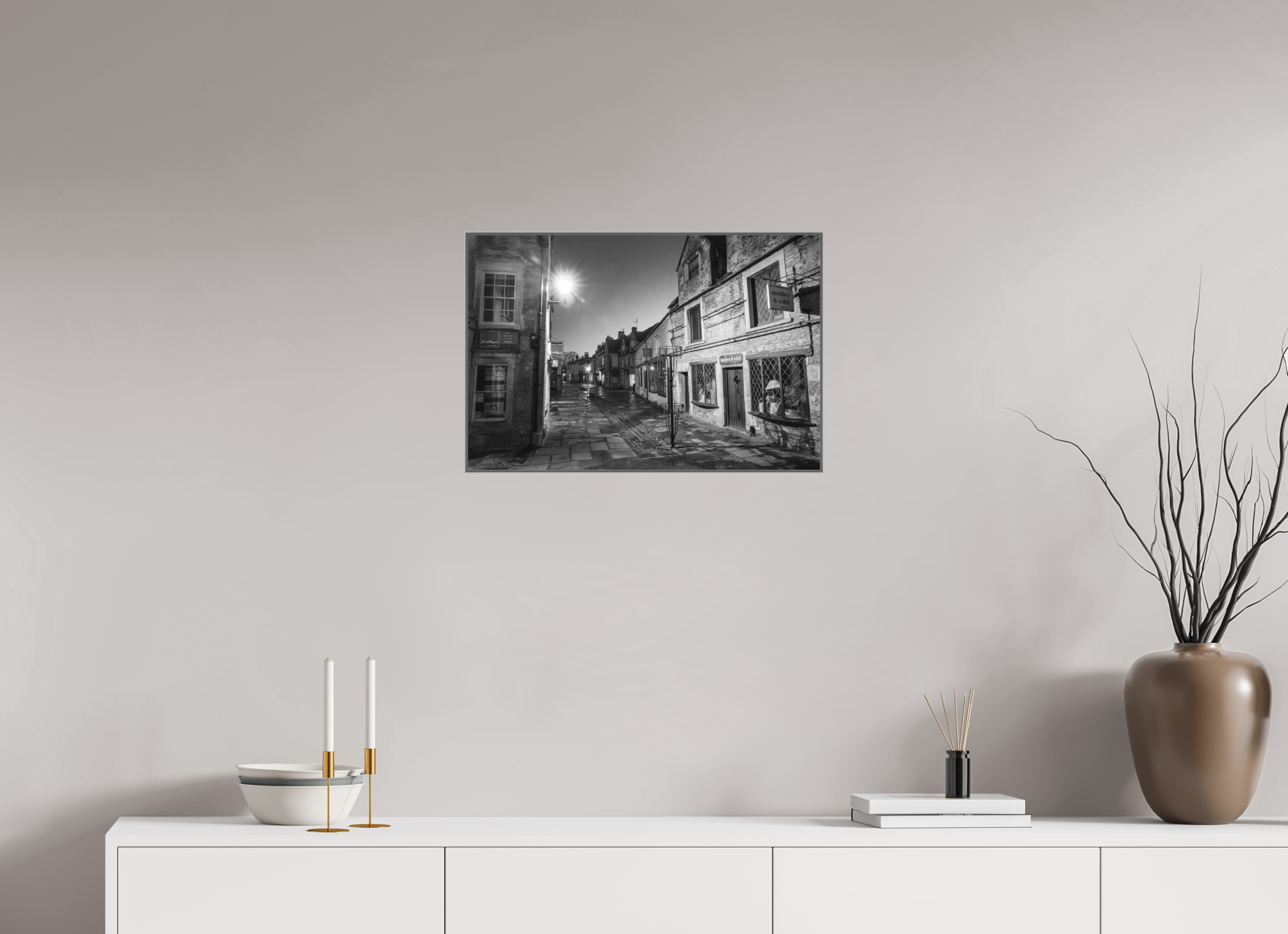 60 x 40 cm, Framed in Aluminium Art Box Printed on Ilford BW Photo Print under Acrylic Glass - w-out border Corsham High Street