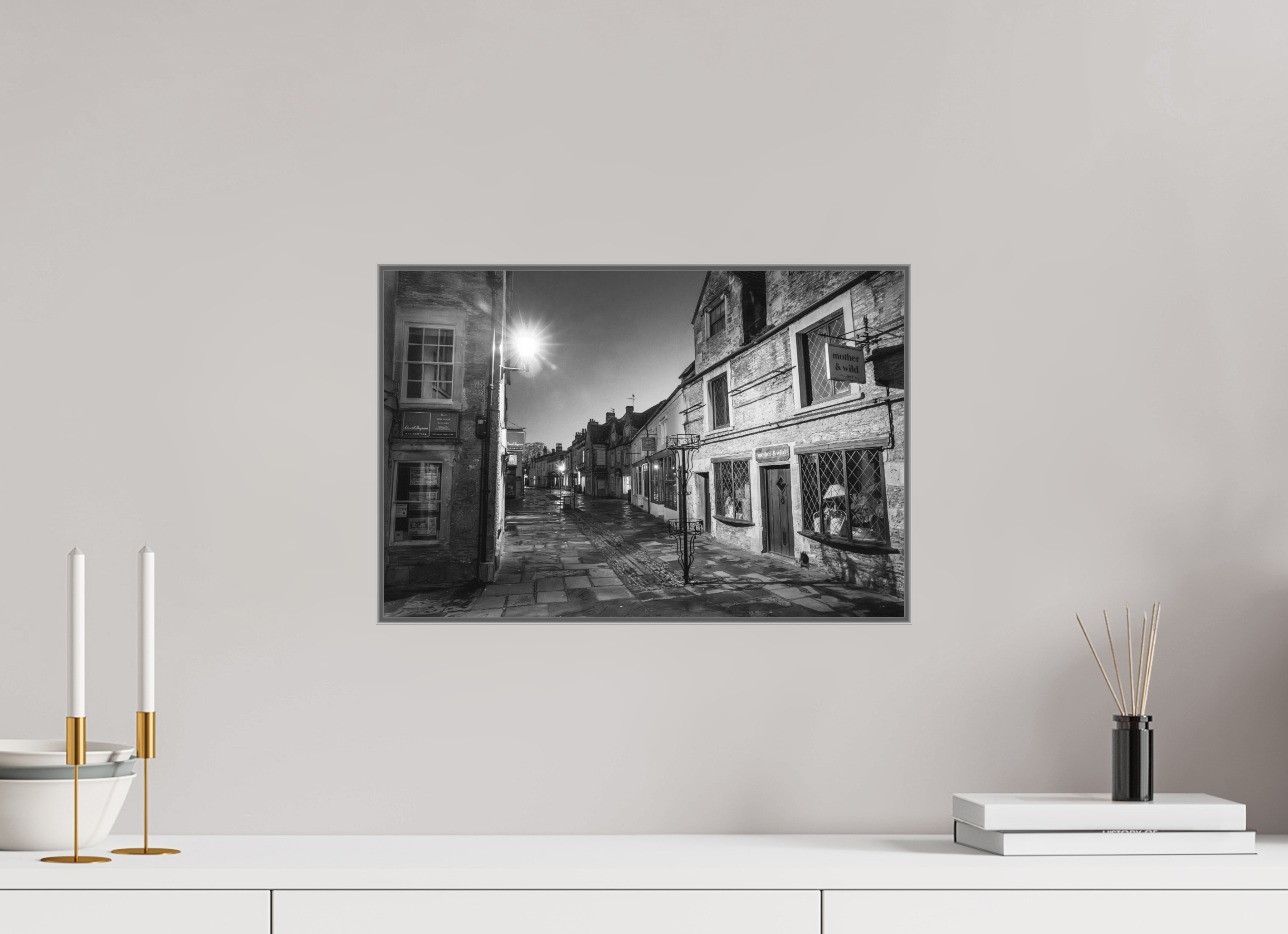 45 x 30 cm, Framed in Aluminium Art Box Printed on Ilford BW Photo Print under Acrylic Glass - w-out border Corsham High Street