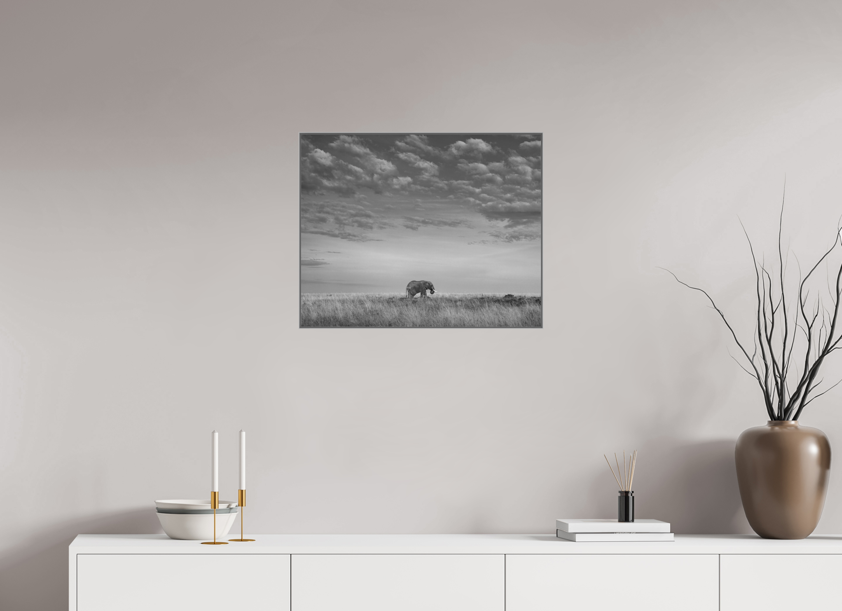 62.5 x 50 cm, Framed in Aluminium Art Box Printed on Ilford BW Photo Print under Acrylic Glass - w-out border Elephant I