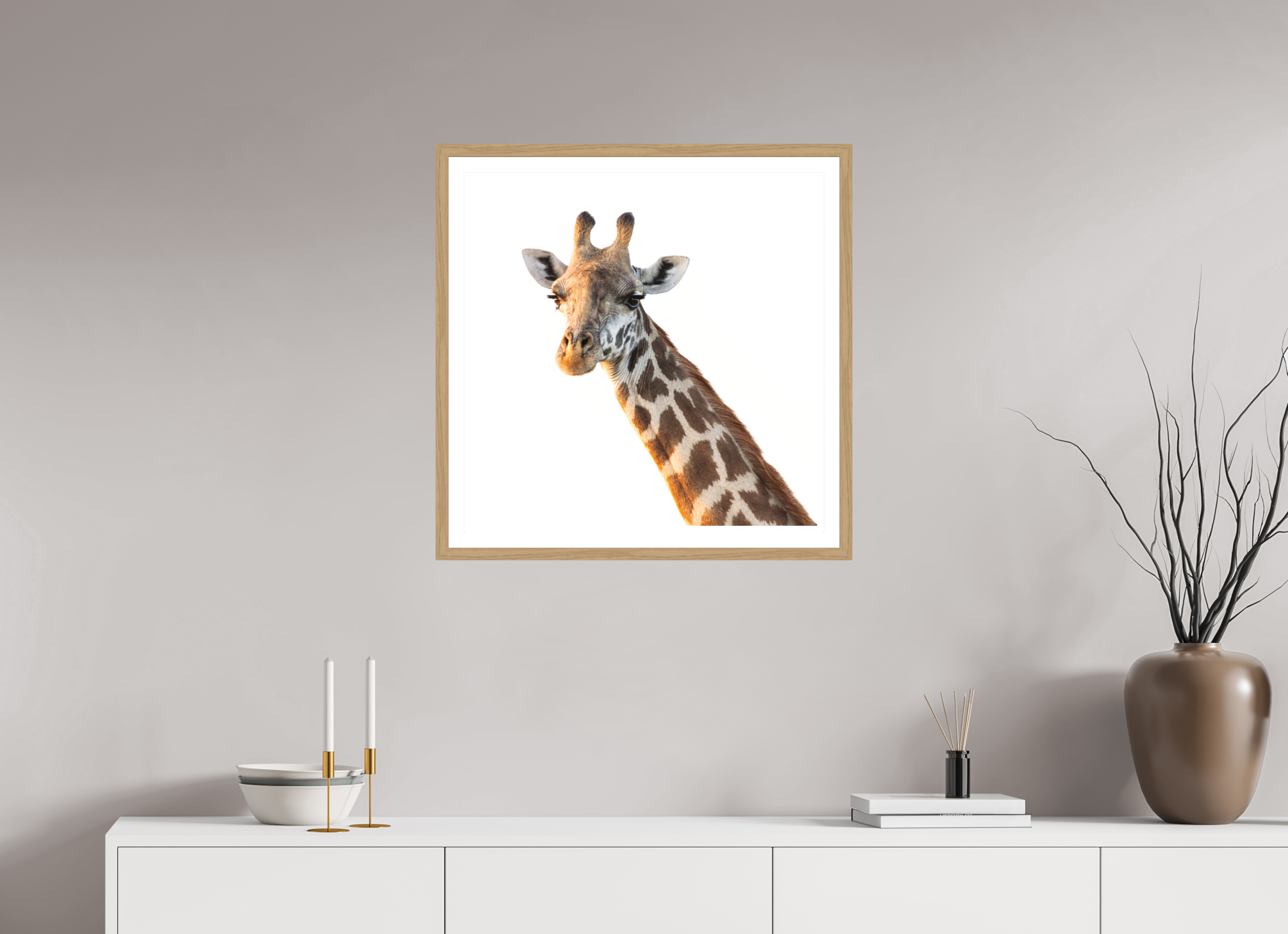 60 x 60 cm, Natural Oak colour frame Fine Art print on Hahnemühle paper with 3cm Passe-Partout w Museum glass Morning Light