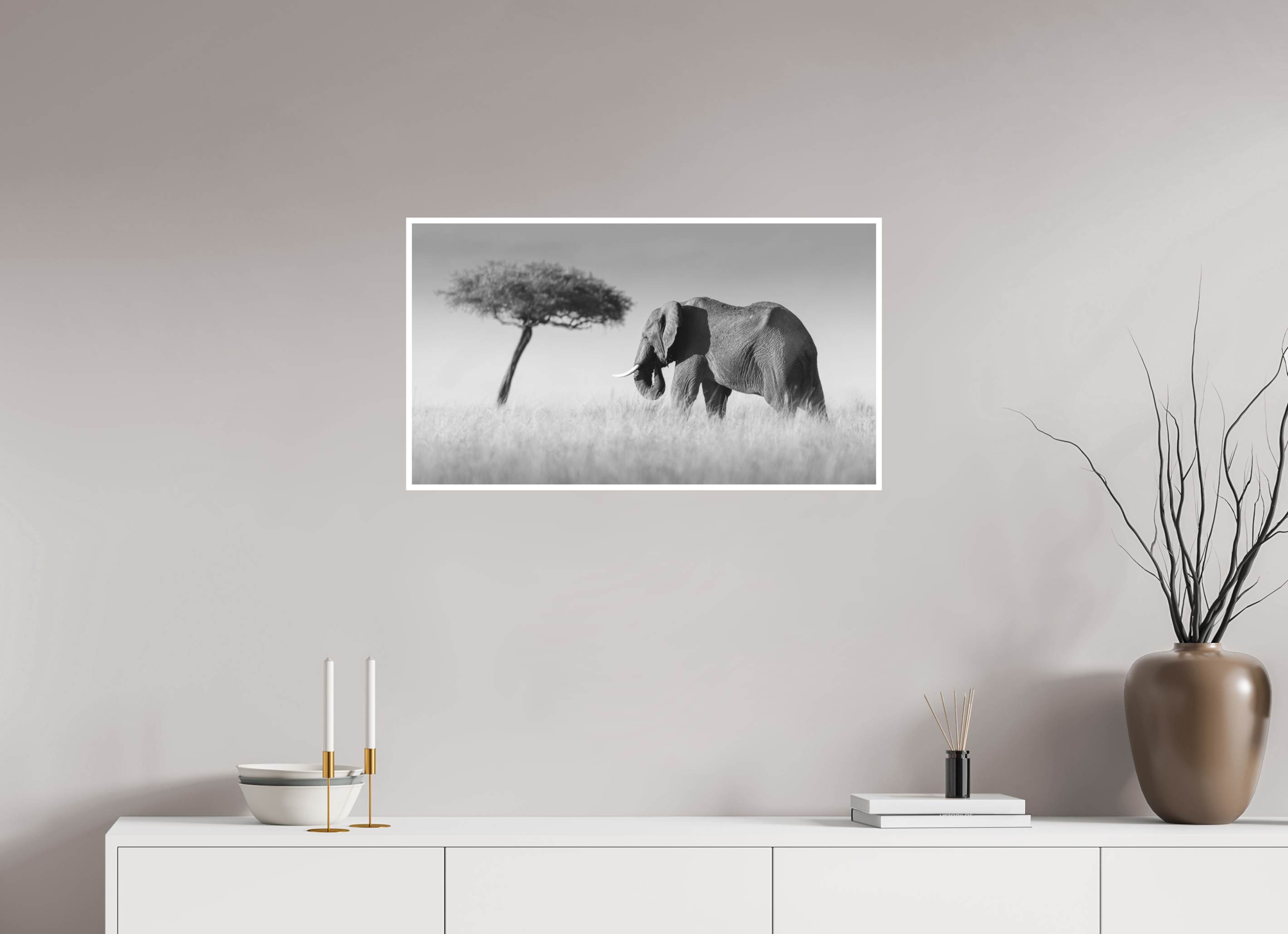 80 x 45 cm, Unframed Fine Art Giclée print on Hahnemühle Photo Rag paper with 1cm border Elephant and Tree
