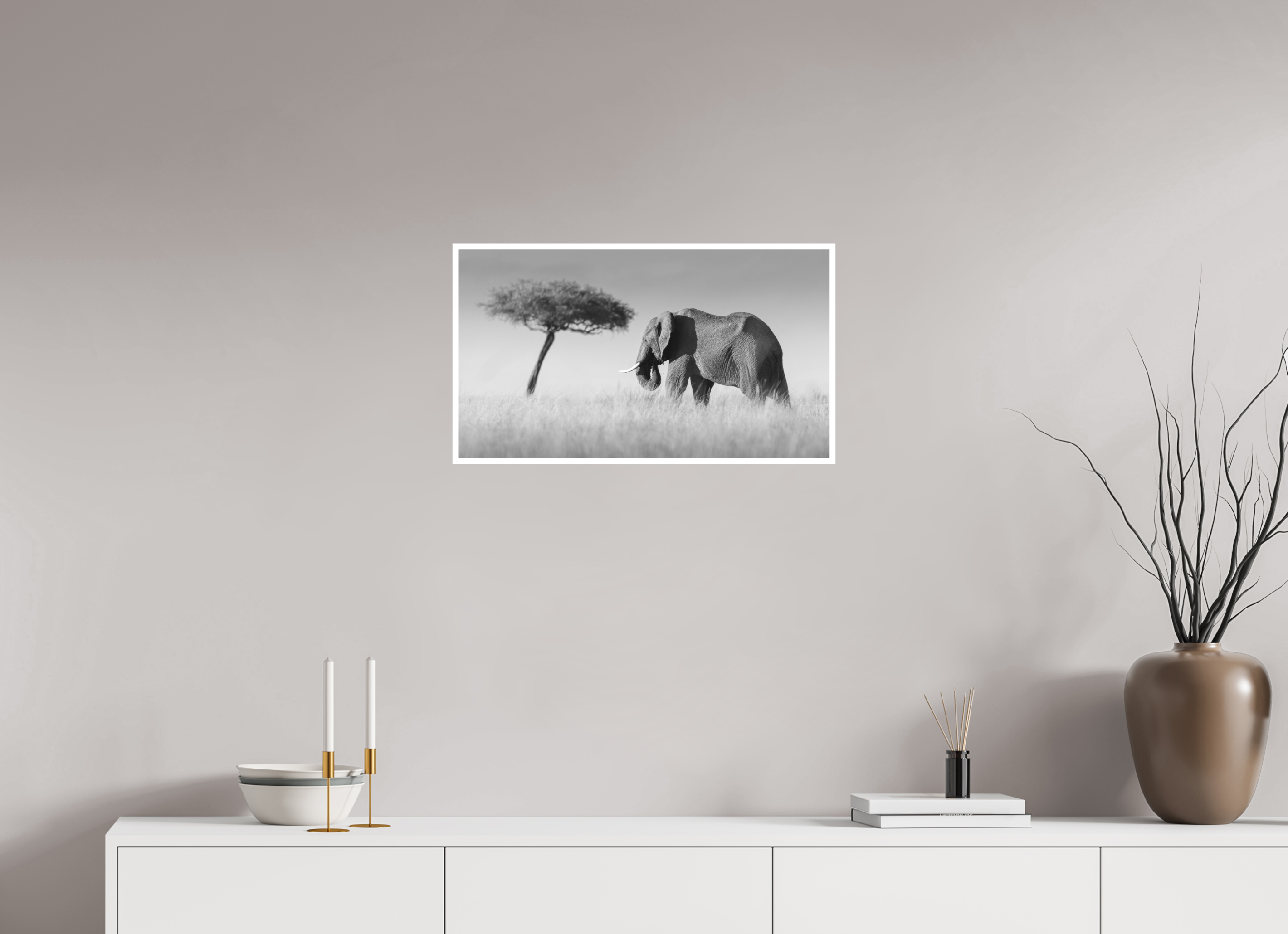 64 x 36 cm, Unframed Fine Art Giclée print on Hahnemühle Photo Rag paper with 1cm border Elephant and Tree